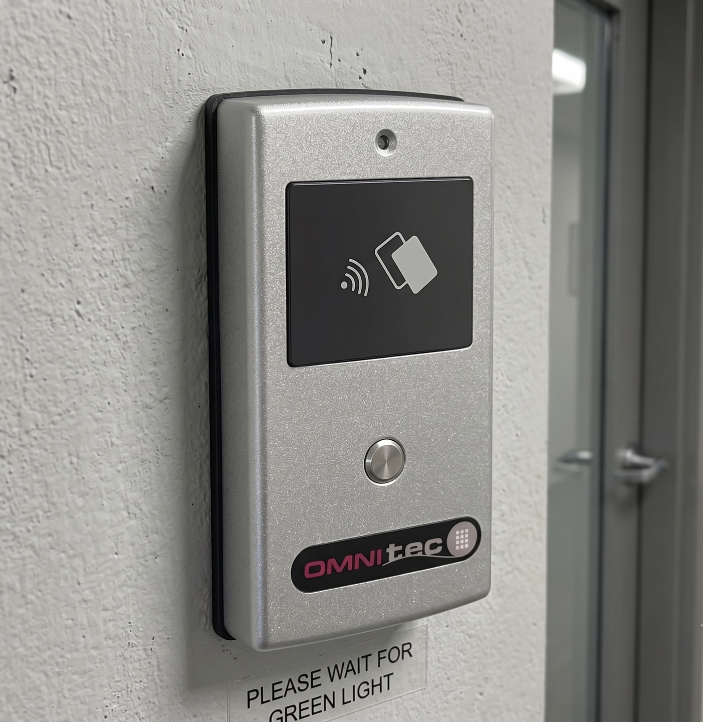 Wall-mounted silver access reader with a contactless card icon