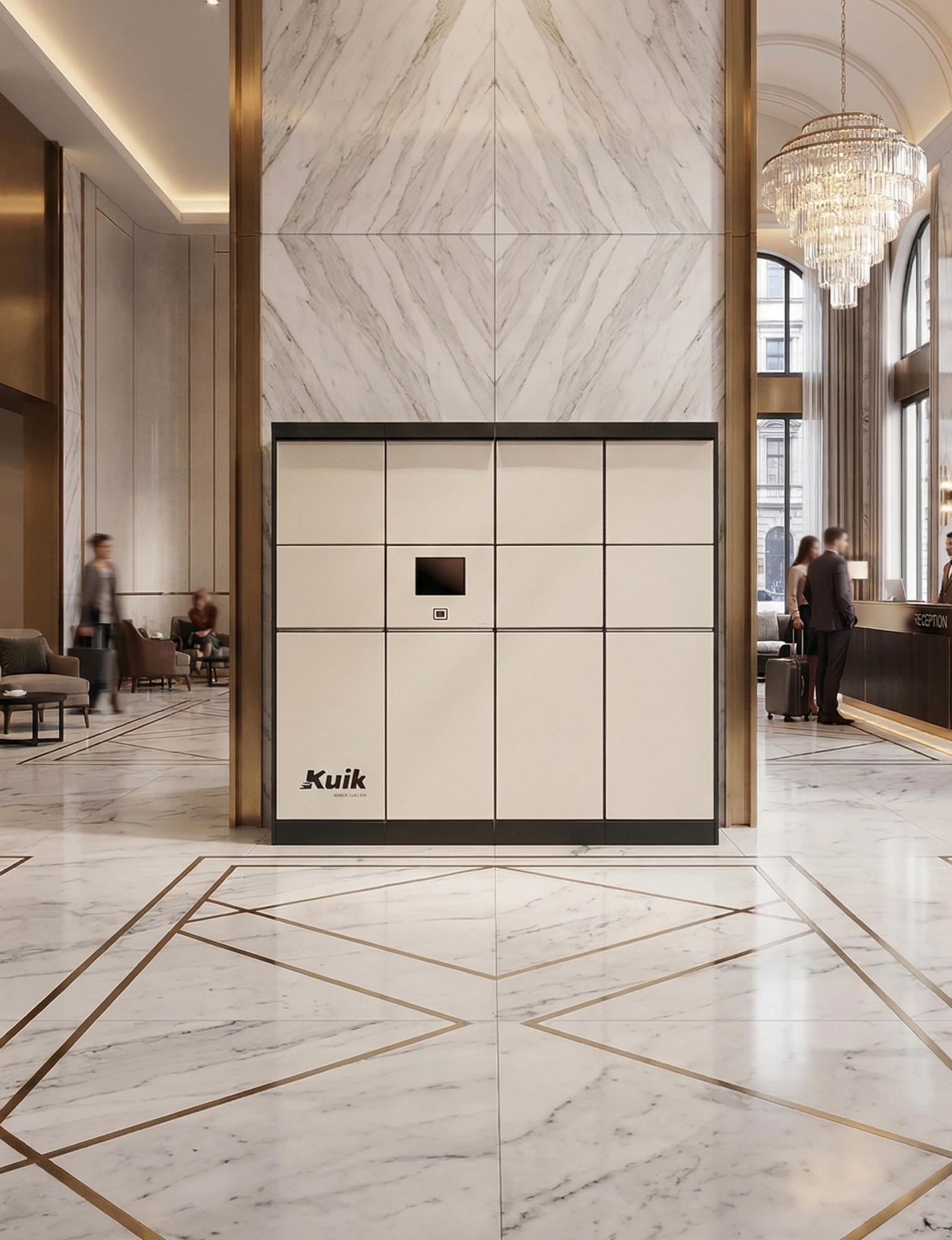 Cream Kuik Luggage Locker in hotel lobby with neutral colours, large chandelier and gold accents
