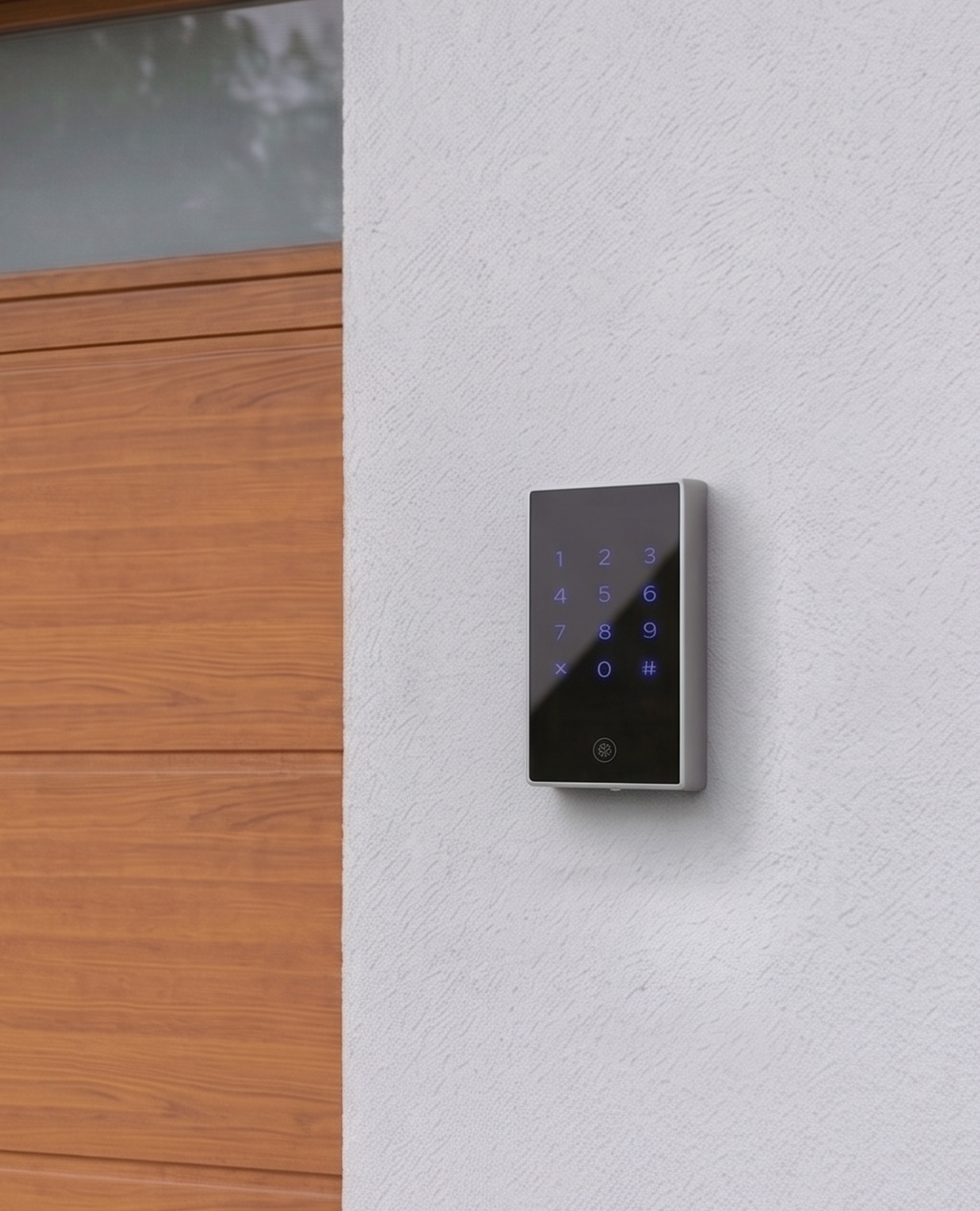 Small wall-mounted black keypad beside a wooden door on a white wall.