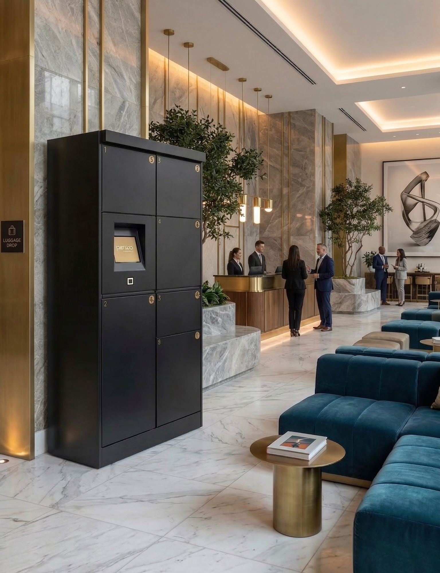 Dark grey Kuik luggage locker in hotel lobby with marble and gold decor in reception