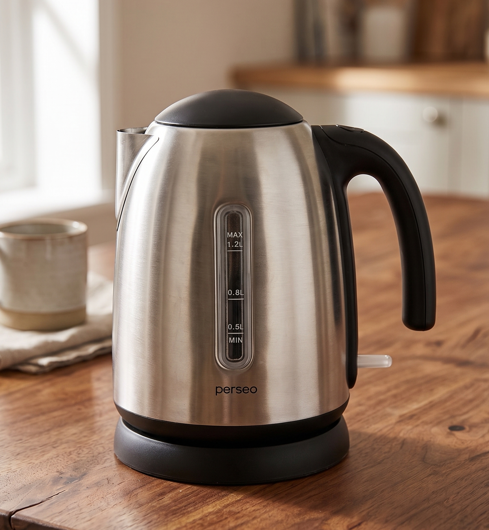 Stainless steel electric kettle, with black handle and base