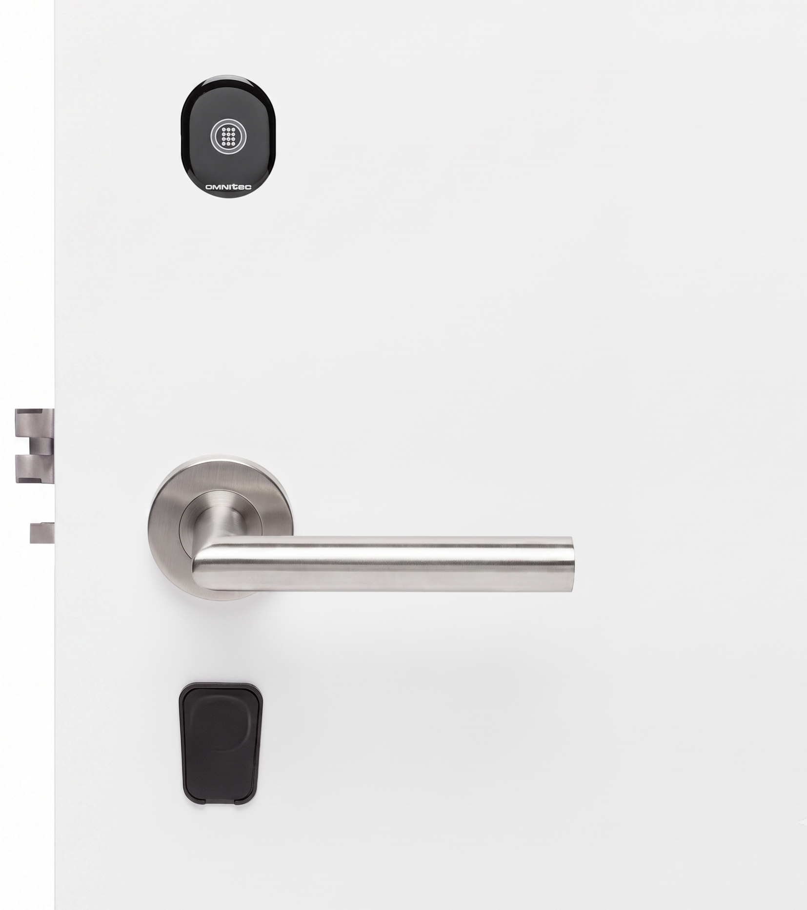 White door with silver lever handle and two black lock components.