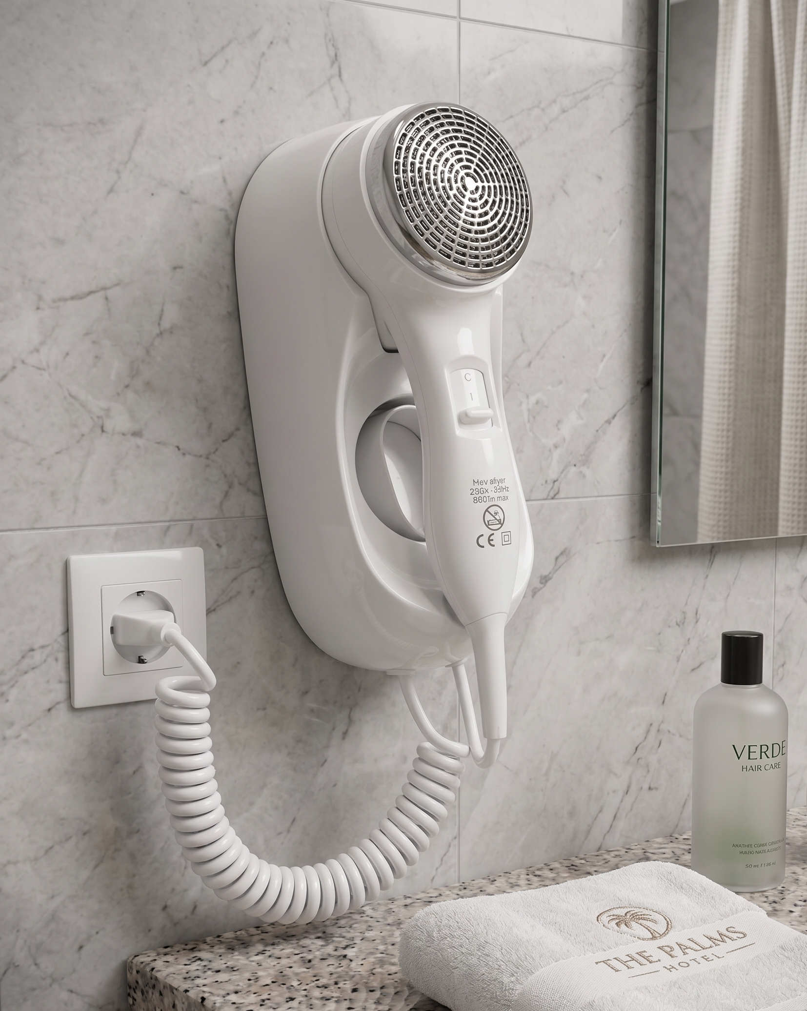 Wall-mounted white hair dryer with coiled cord in a bathroom, beside a towel and bottle.