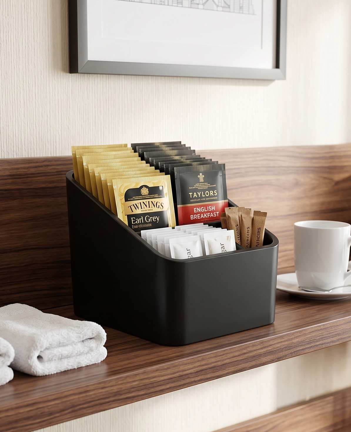Black tea organizer with tea bags and sugar packets on a wooden shelf beside a white cup and towel.