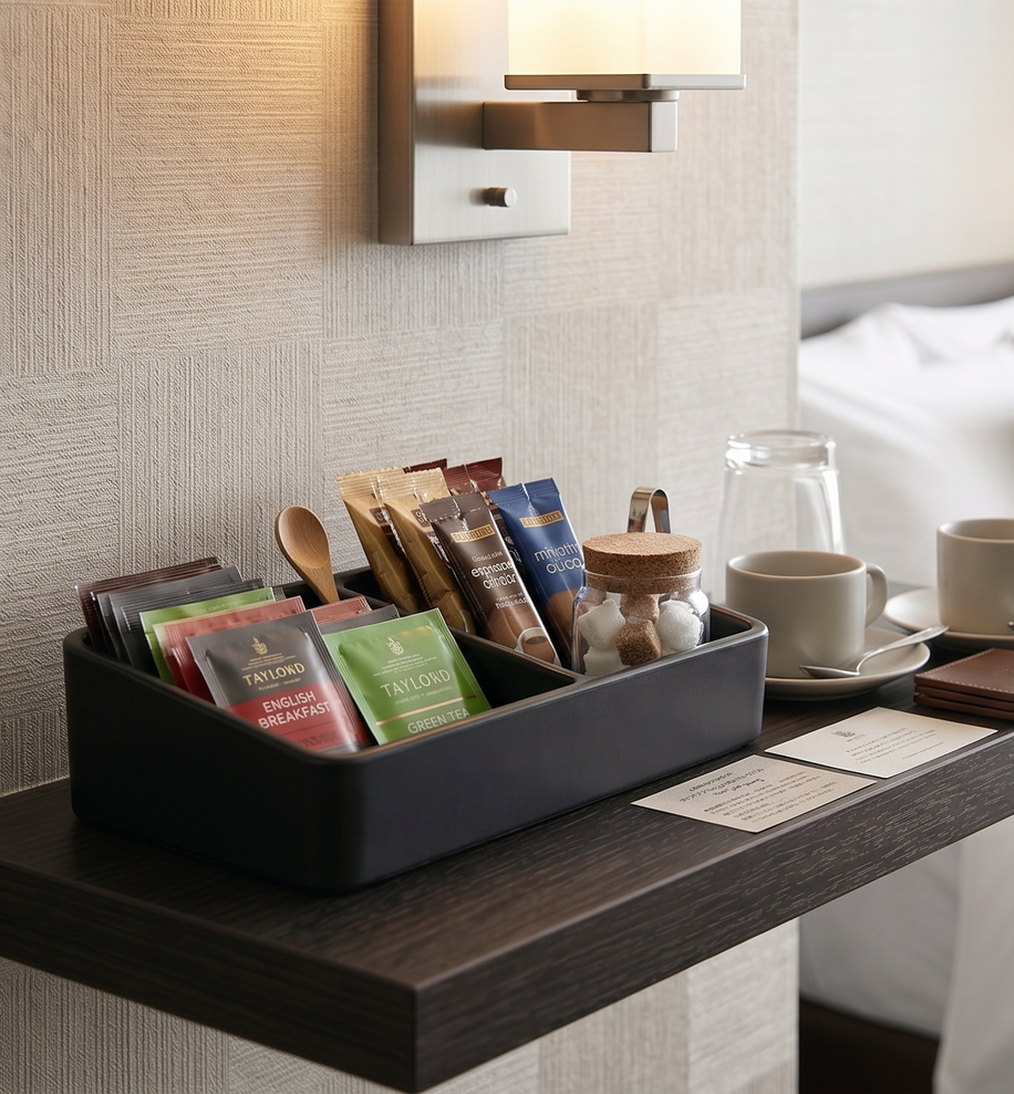 Hotel room tray with coffee cups, tea packets, and snacks on a bedside table