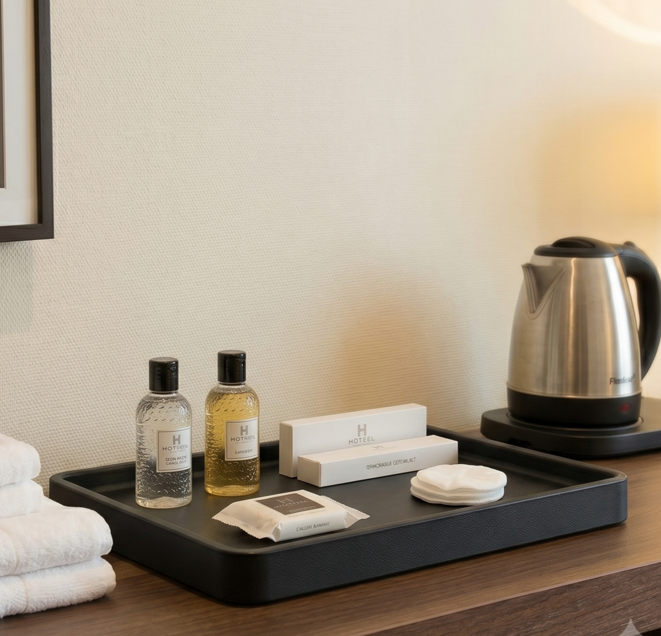 Hotel room a black tea and toiletry tray on a wooden table beside an electric kettle.