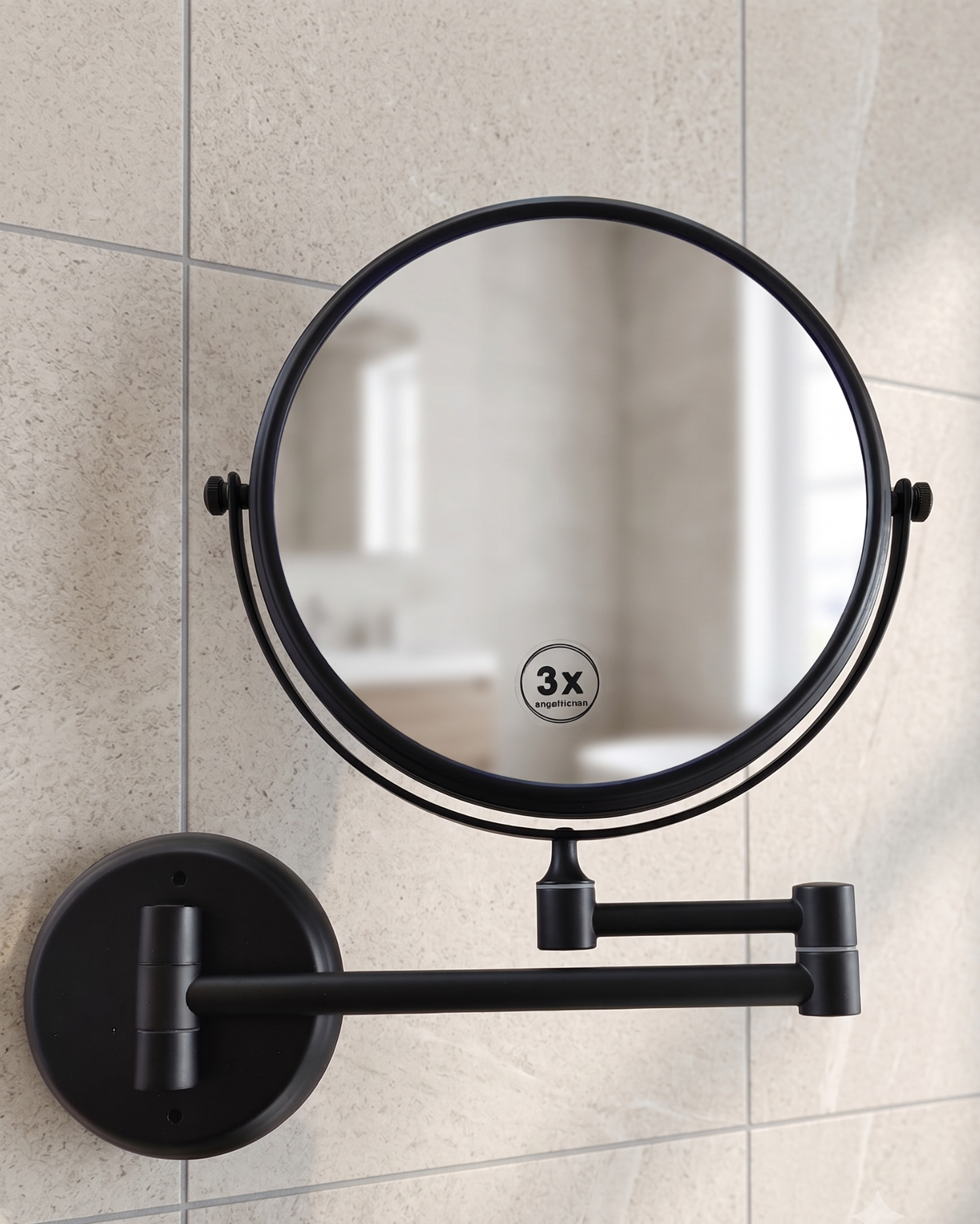 Black round wall-mounted vanity mirror with adjustable arm on tiled bathroom wall.