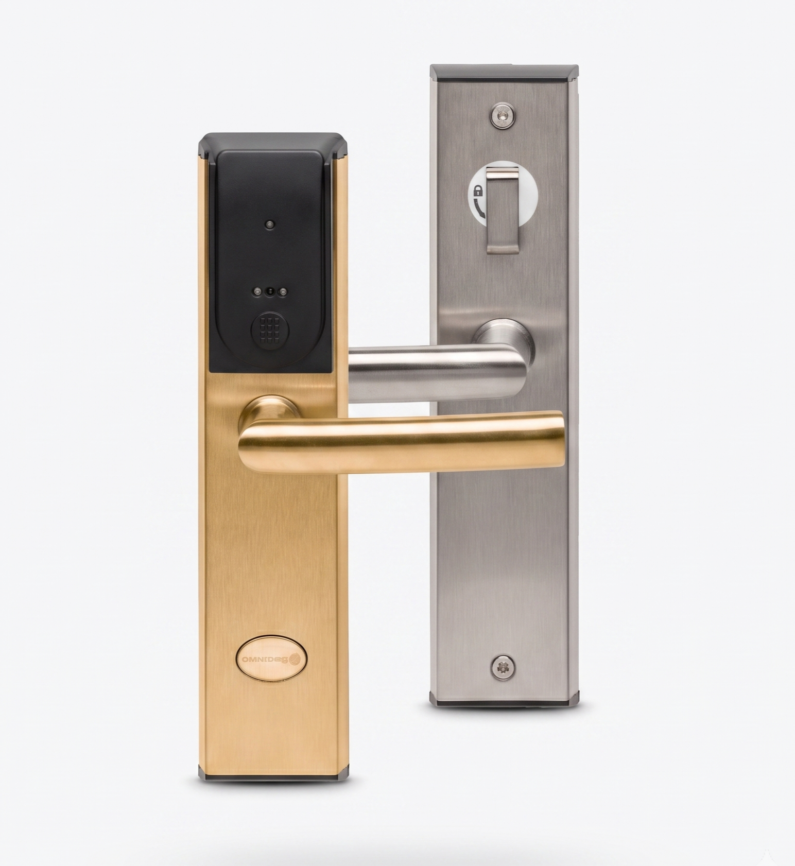 Modern electronic door lock with gold handle and silver backplate on white background