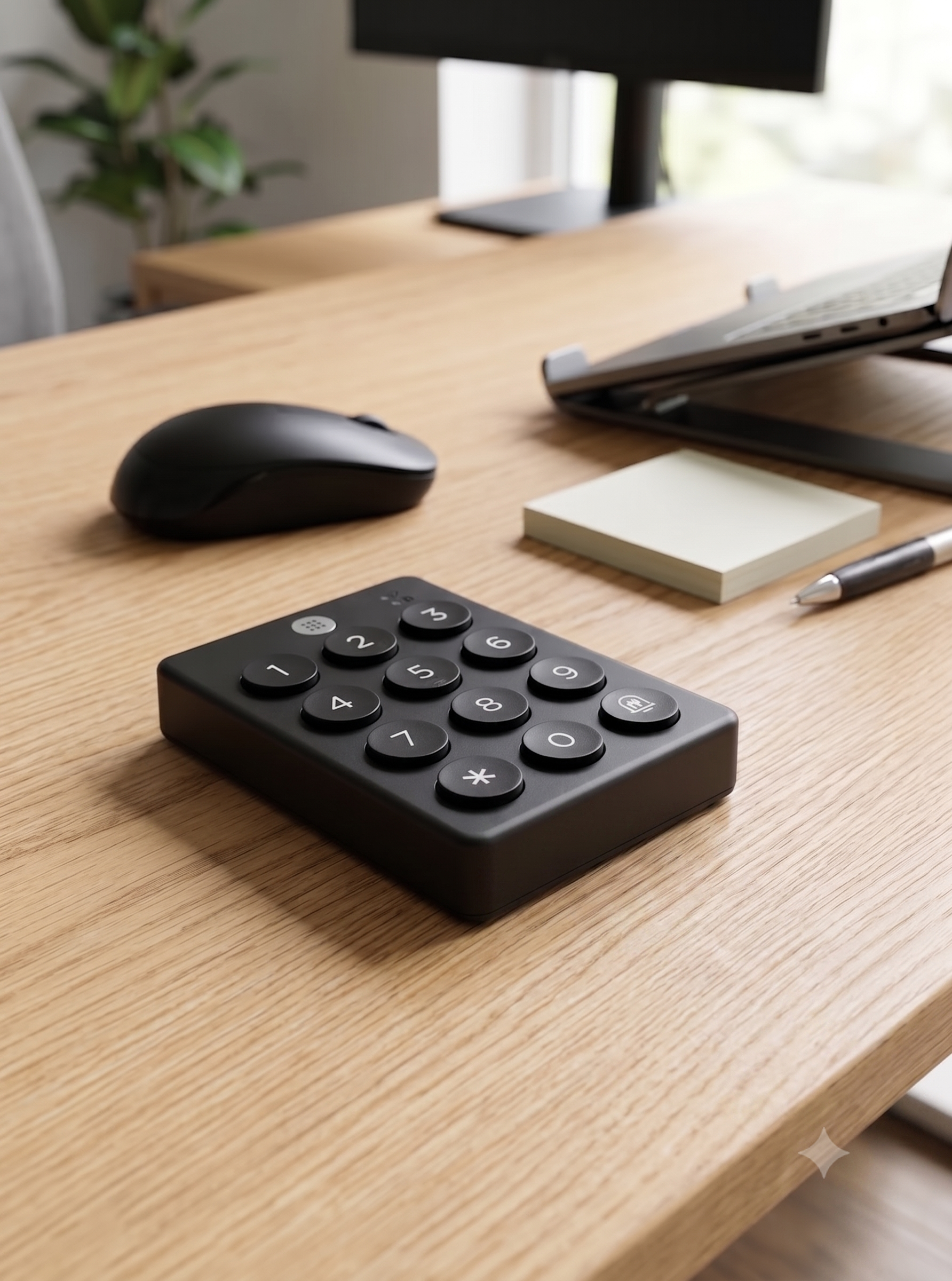Black keypad on a wooden desk beside a mouse, notepad, and laptop in a bright office setting