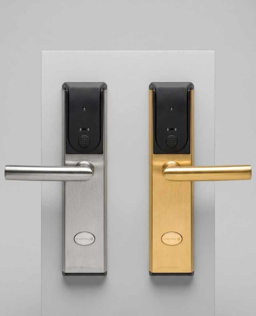 Two modern door levers side by side, one silver and one gold, on a gray wall.