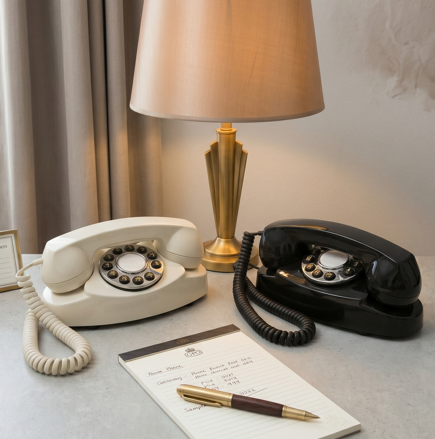 Two retro phones, one ivory and one black, on a table beside a lamp and notepad.