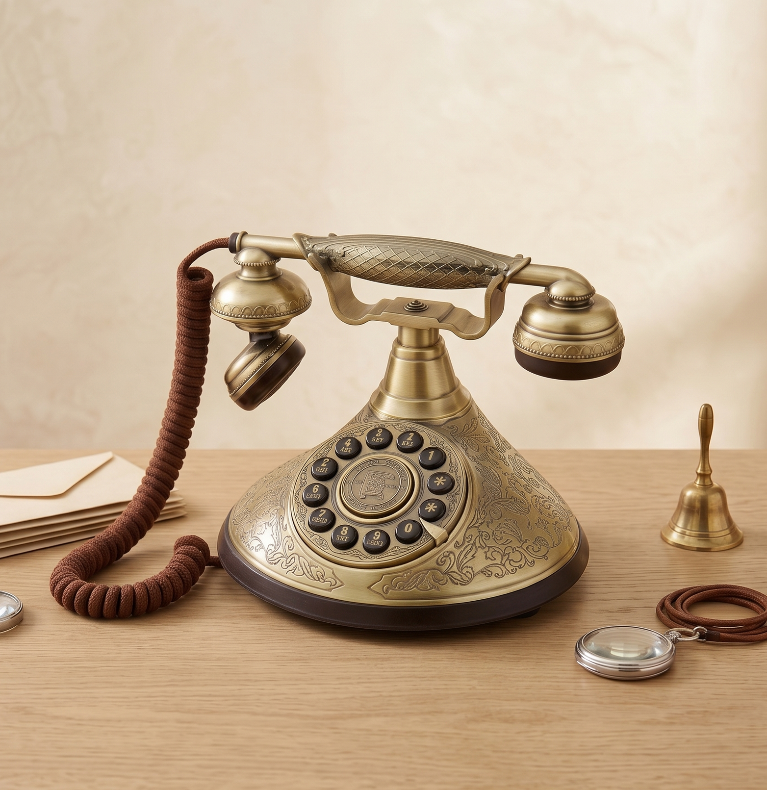 Vintage brass telephone on a wooden table with a matching bell and small coiled cord.