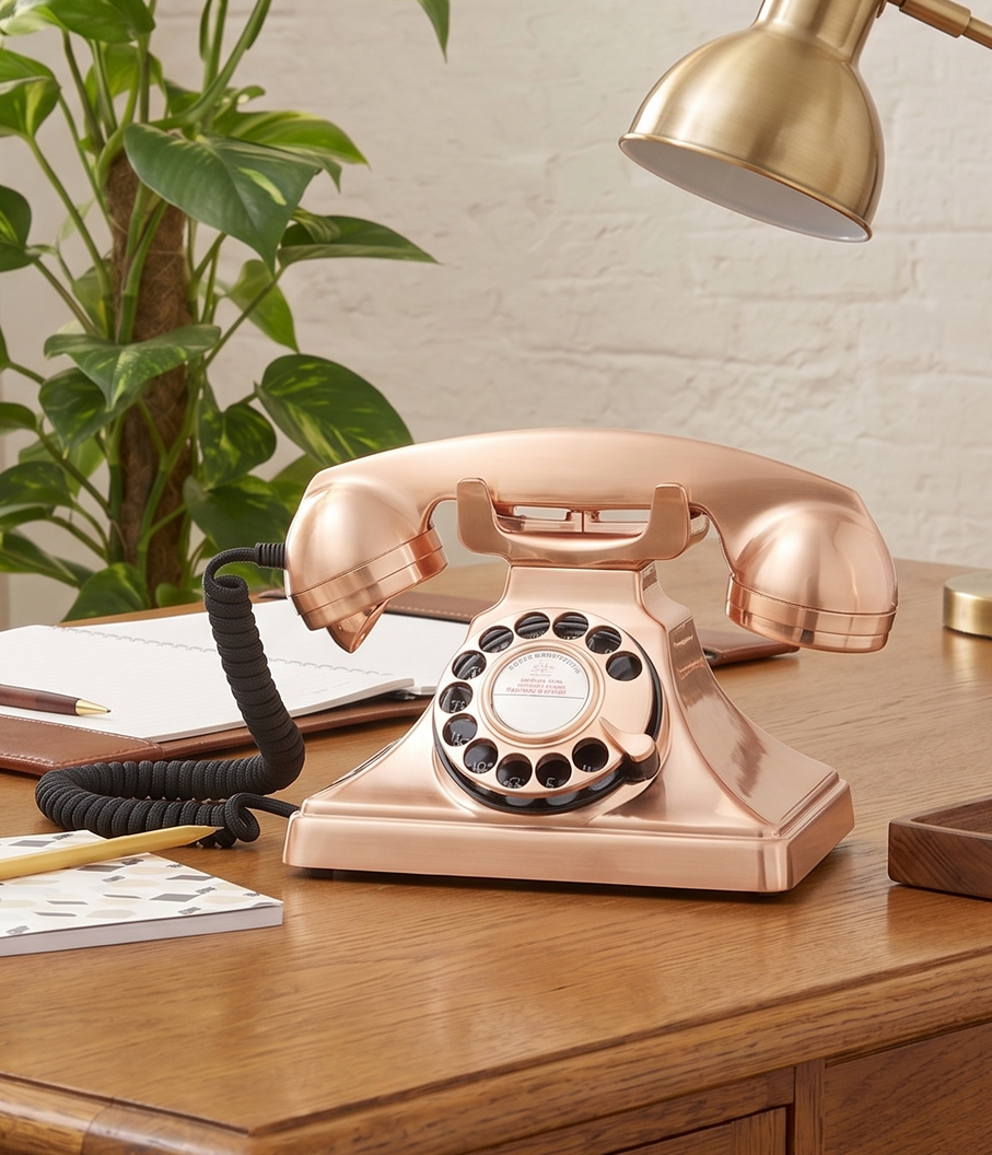 Vintage copper rotary phone on a wooden desk beside a plant and brass lamp.