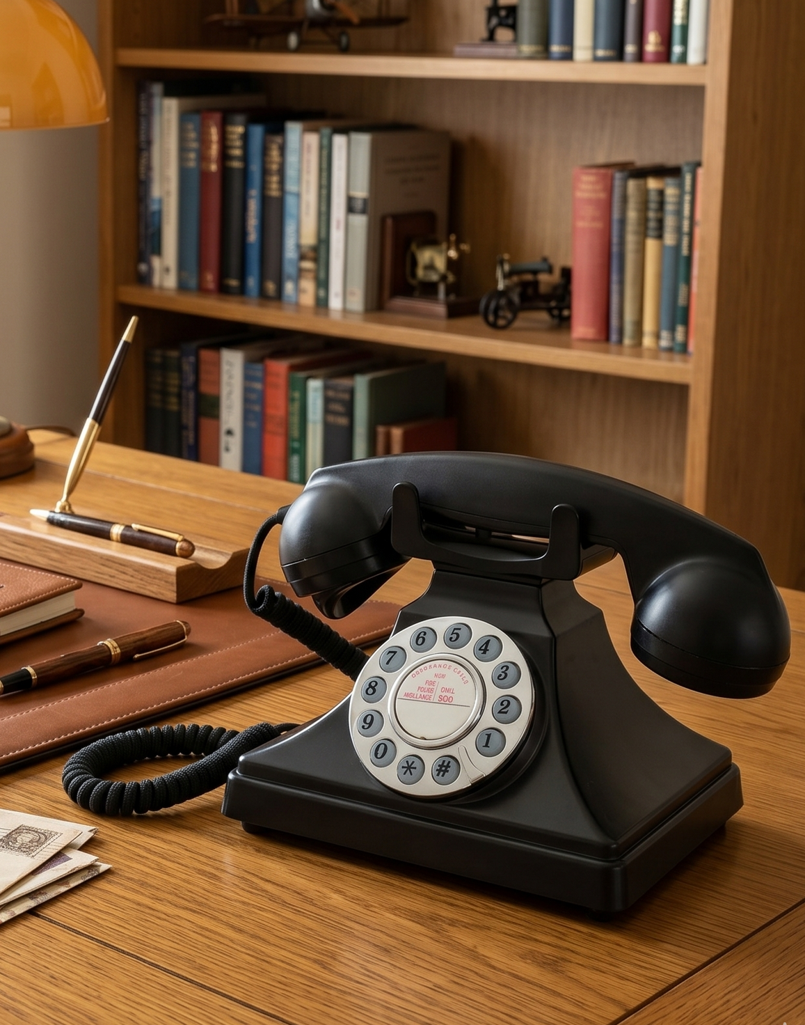 Black retro phone on a wooden desk with bookshelves in the background