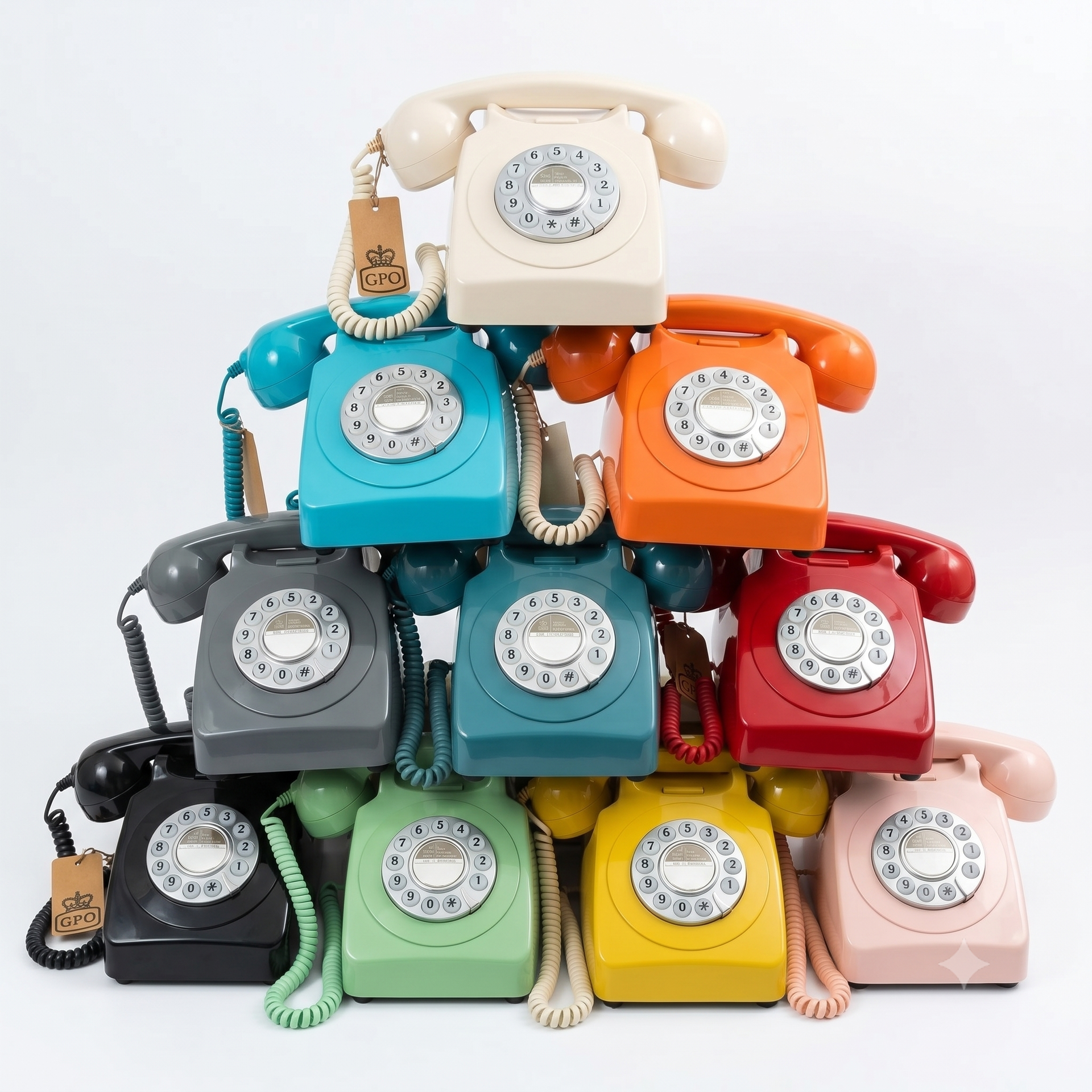 Stack of colorful vintage telephones arranged in a pyramid on a white background