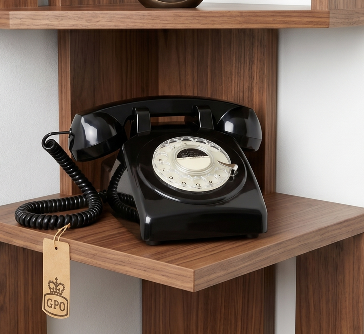 Black rotary telephone on a wooden shelf with a coiled cord and tag attached