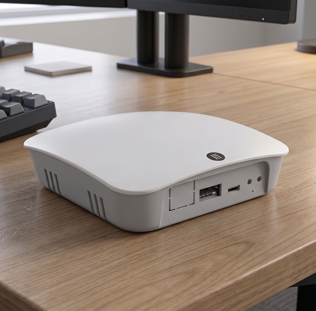 White HP mini PC on a wooden desk beside a monitor and keyboard