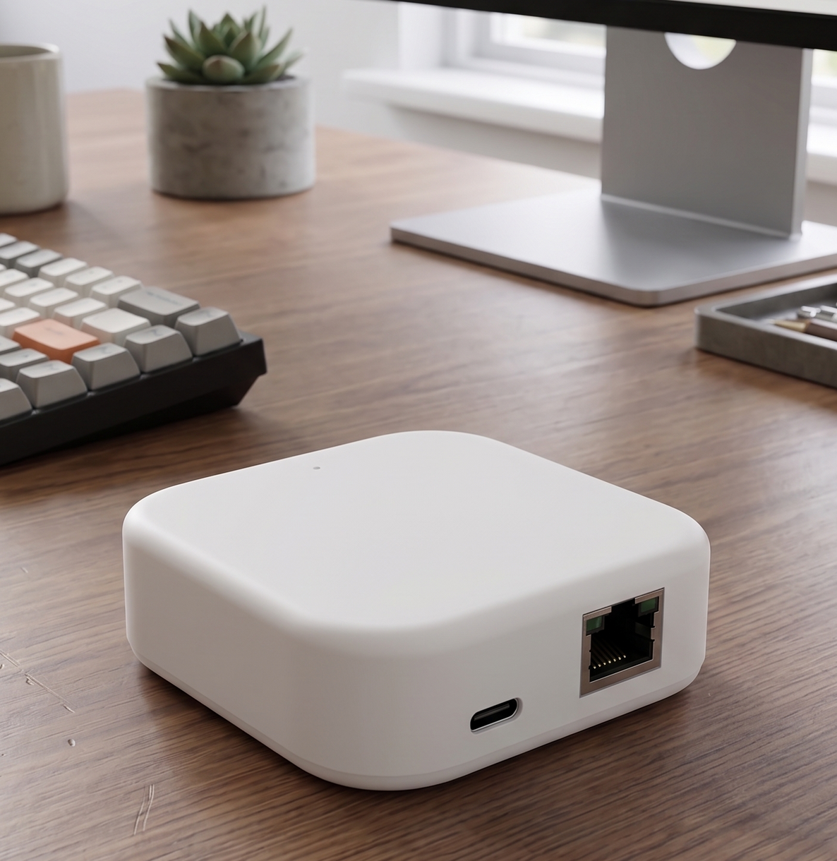 Small white device on a wooden desk beside a keyboard, monitor stand, and potted plant.