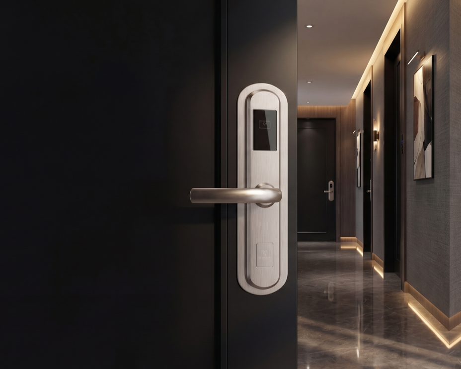 Modern hotel hallway door with a silver lock and handle, viewed close up.