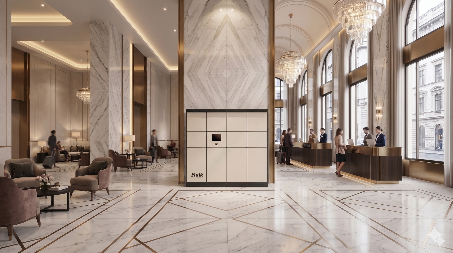 Luxurious hotel lobby with hotel guest luggage locker, marble floors, chandeliers, seating areas, and tall arched windows