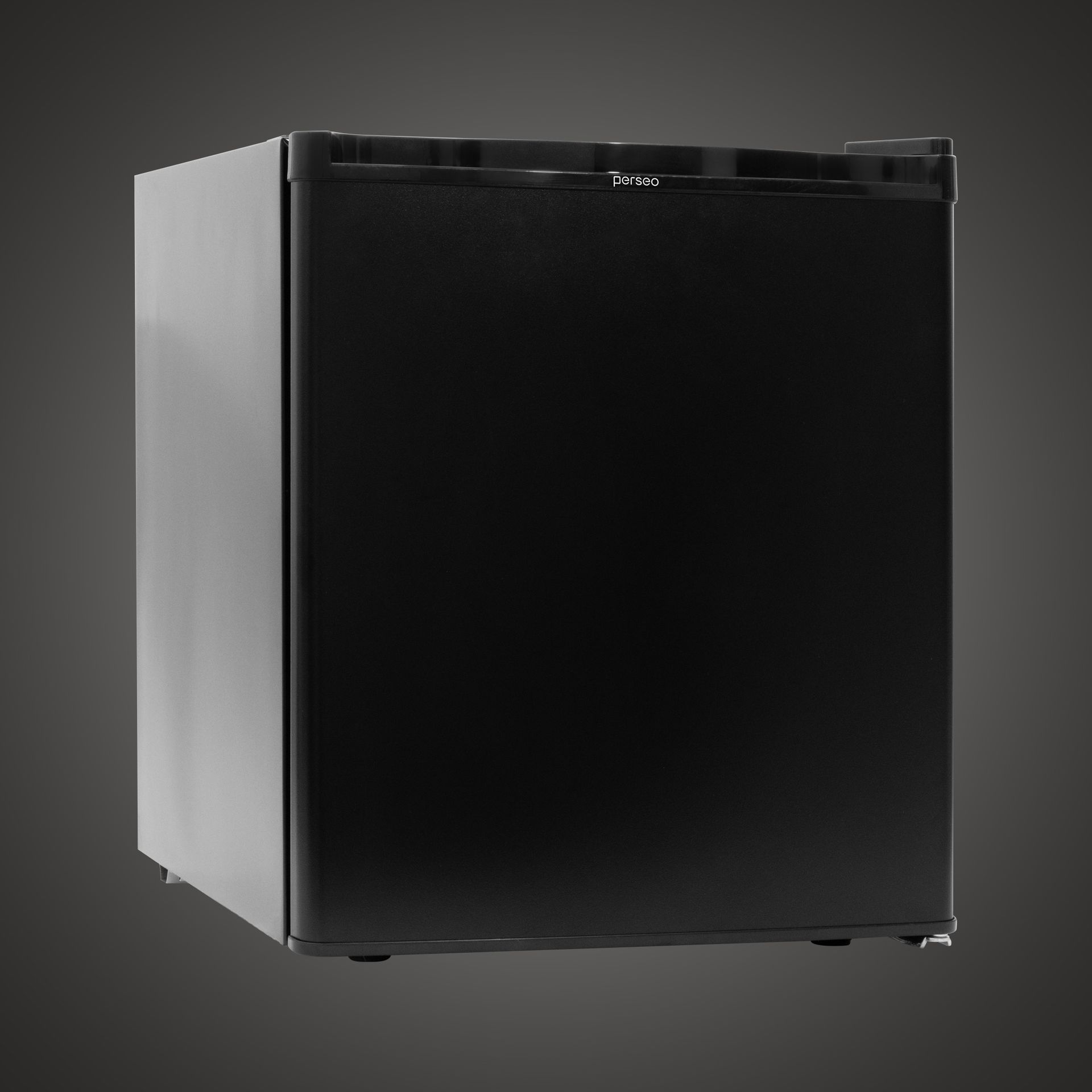 Black mini fridge with a silver side panel on a dark background