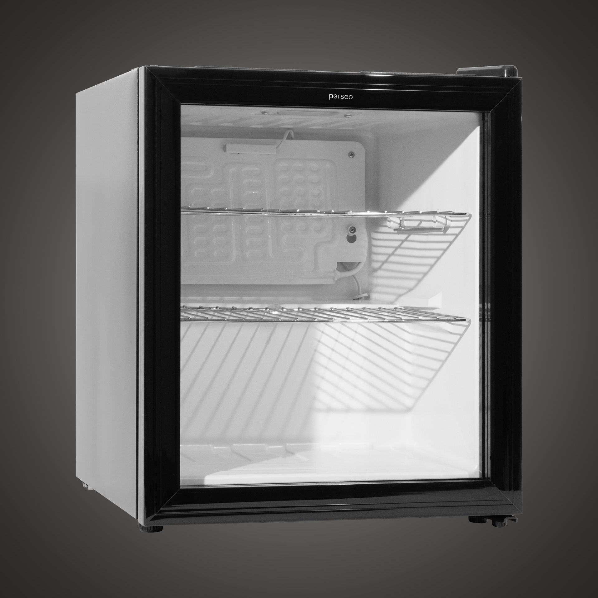 Small black mini fridge with a glass door, showing two wire shelves inside.