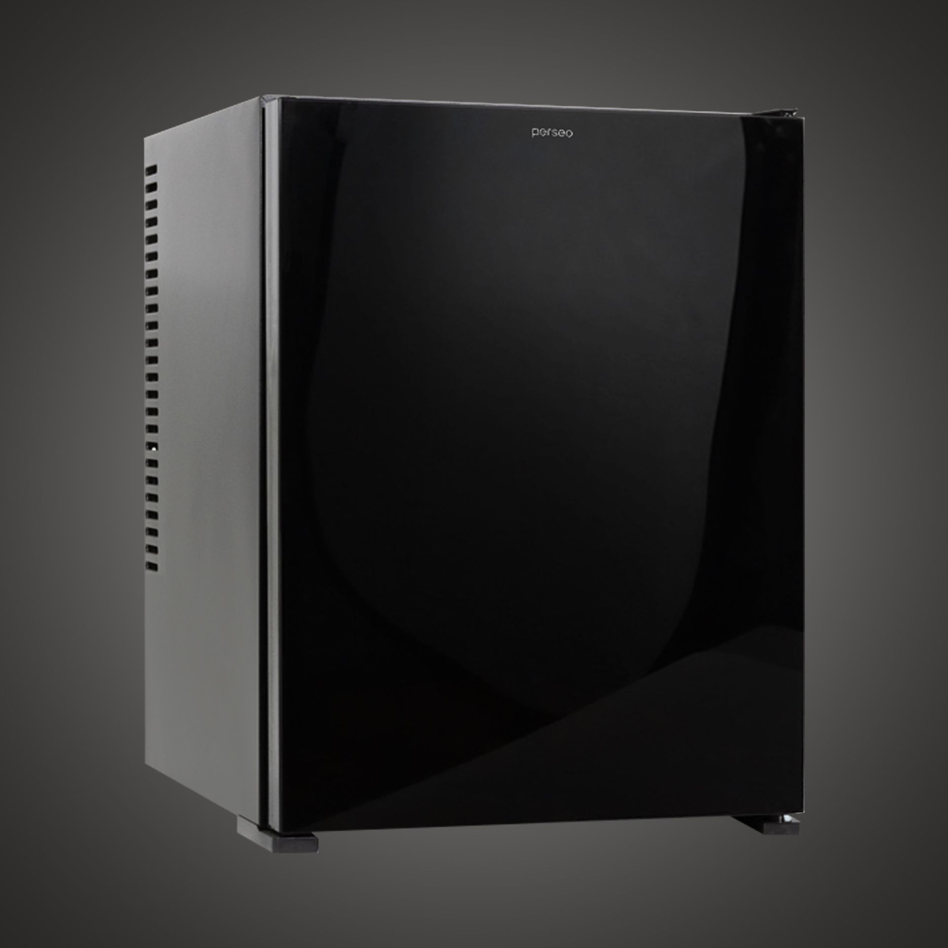Black mini fridge with a glossy front and silver sides on a gray background
