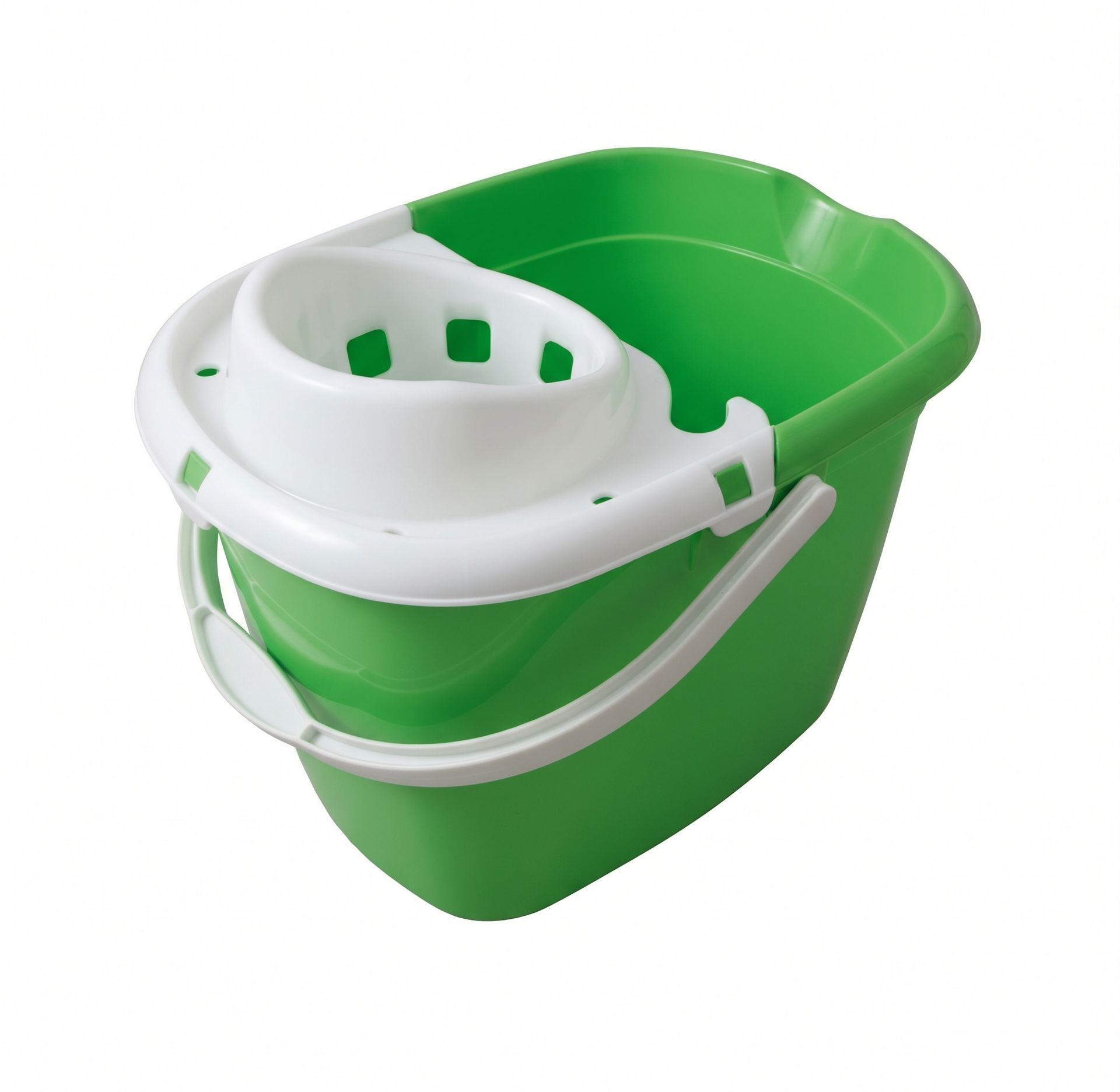 Green plastic mop bucket with white wringer and metal handle