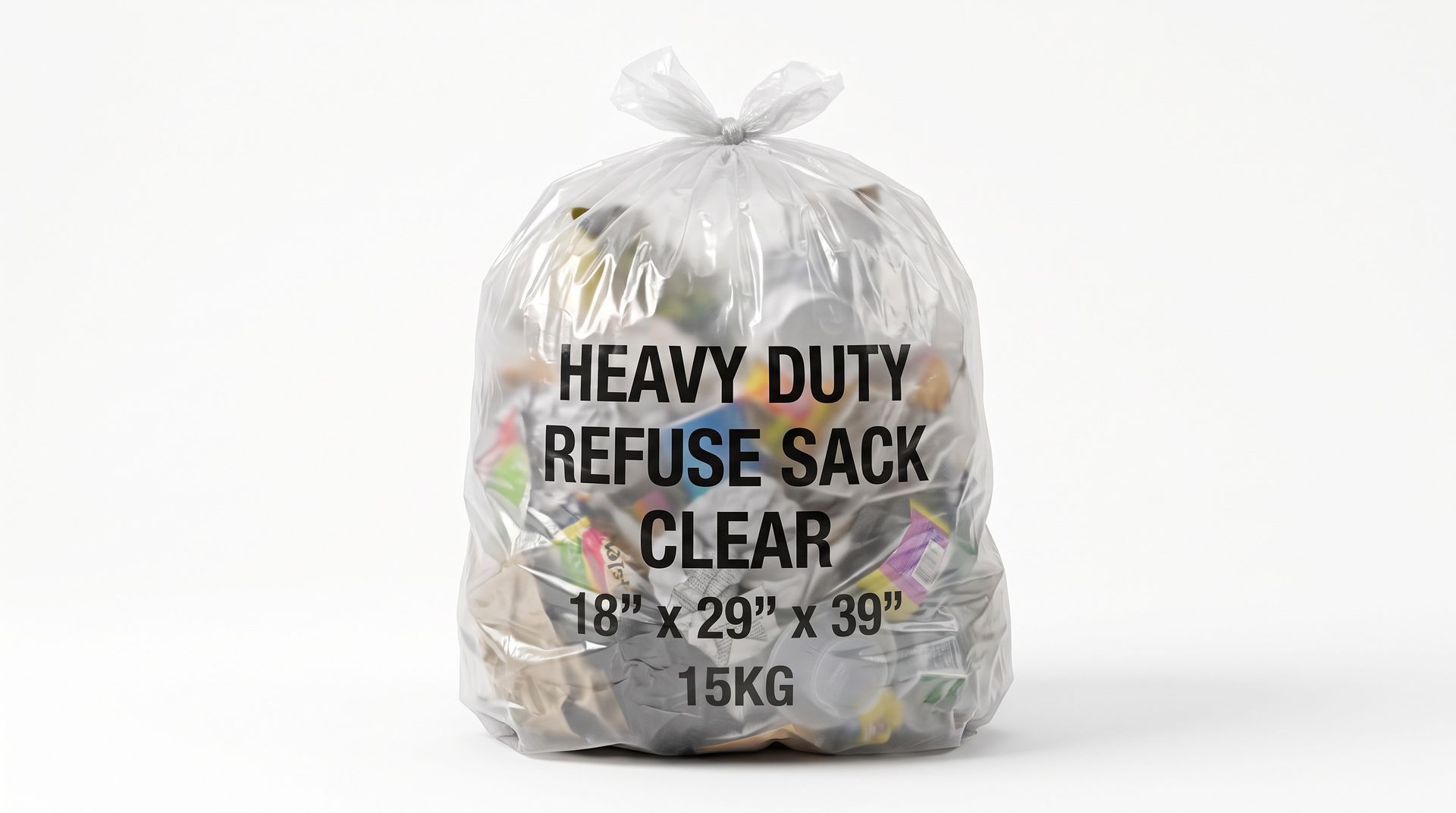 Clear heavy-duty refuse sack with black text, tied at the top, on a white background.