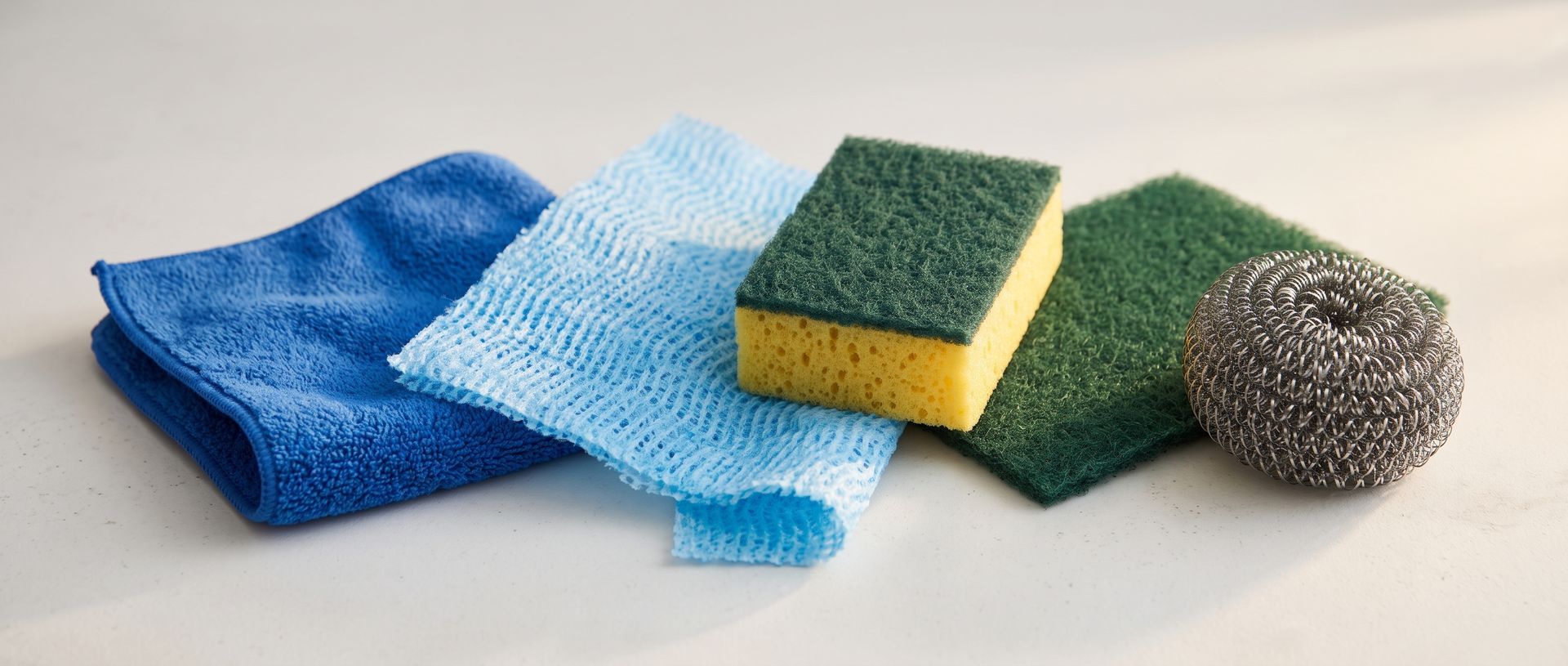 Blue, light blue, green, and yellow cleaning sponges and a steel scrubber on a white surface
