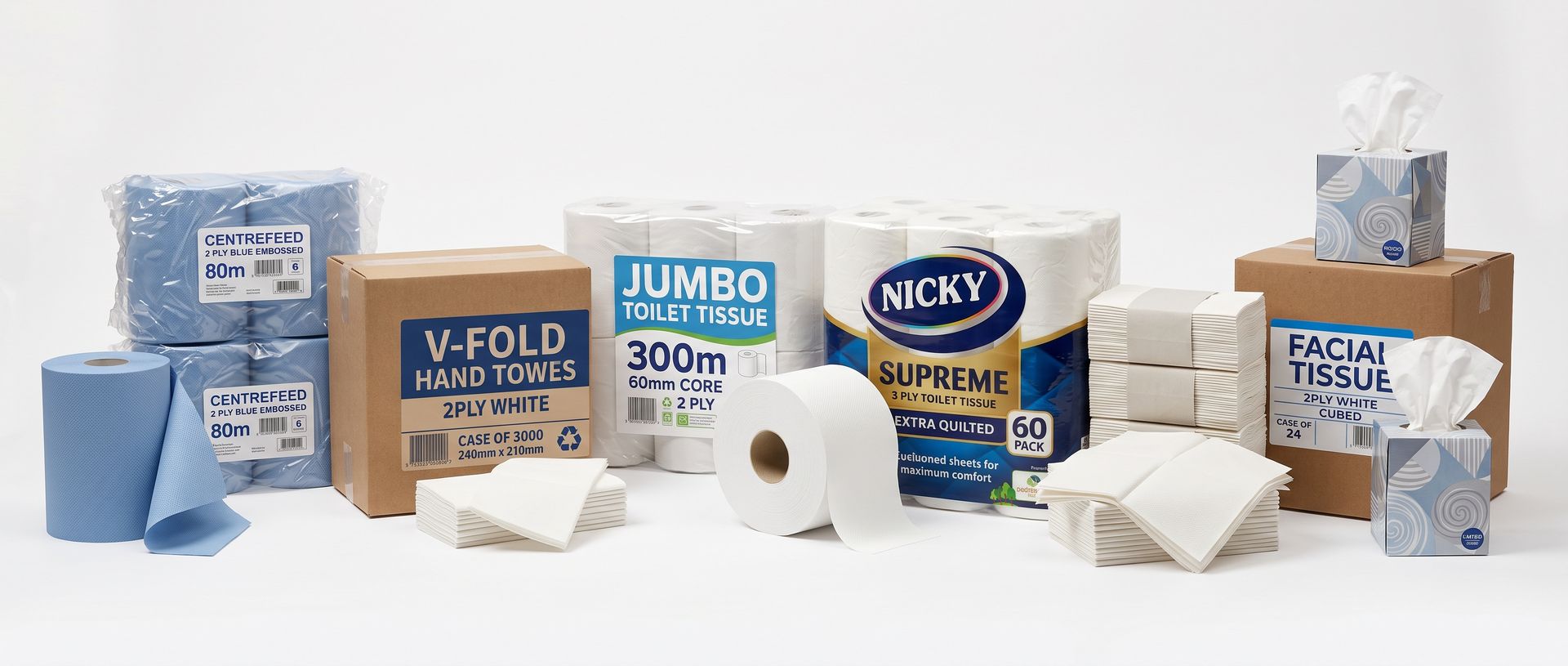 Assorted tissue and toilet paper products in blue and white packaging on a white background