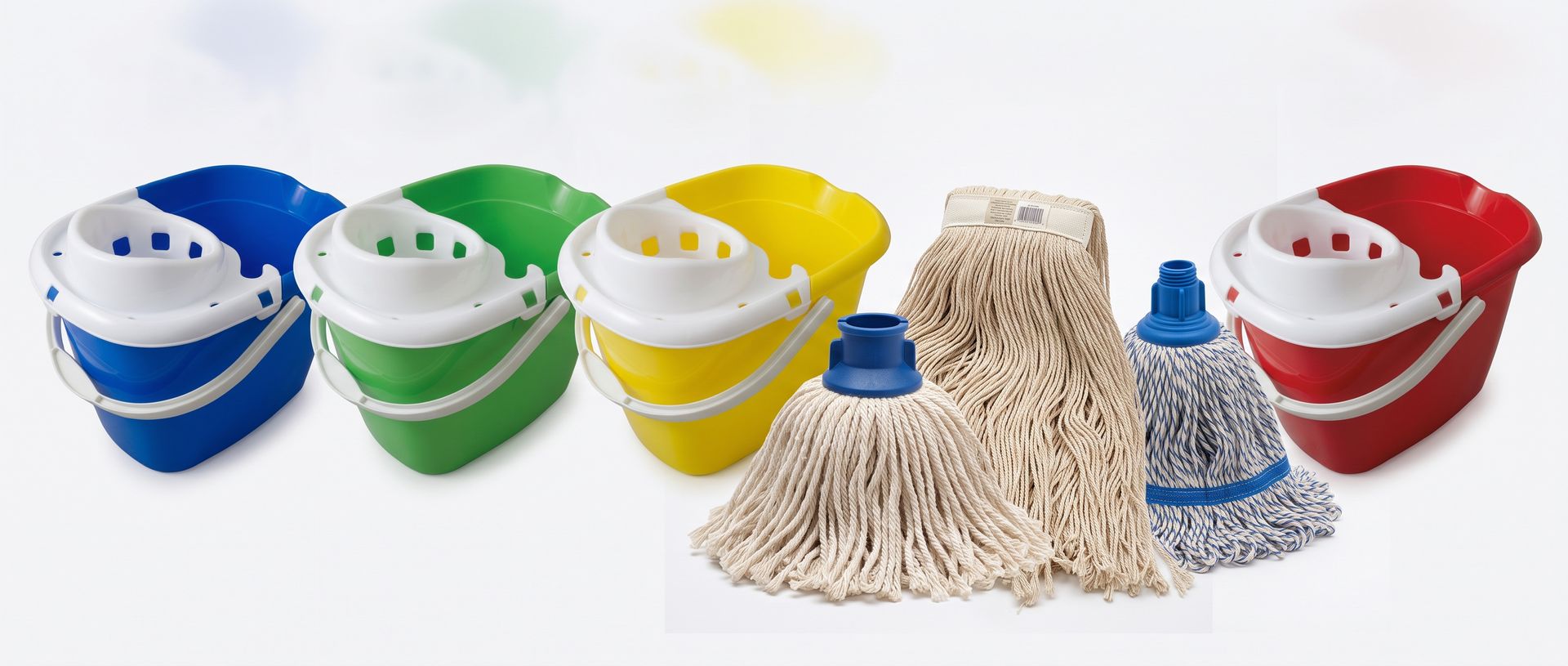 Colourful string mop heads in blue, green, yellow, beige, and red with matching plastic buckets