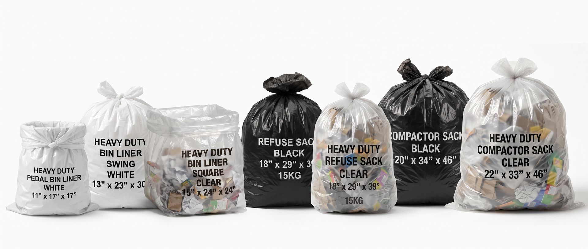 Six trash bags lined up, showing trash sorting categories on white, black, and clear bags.