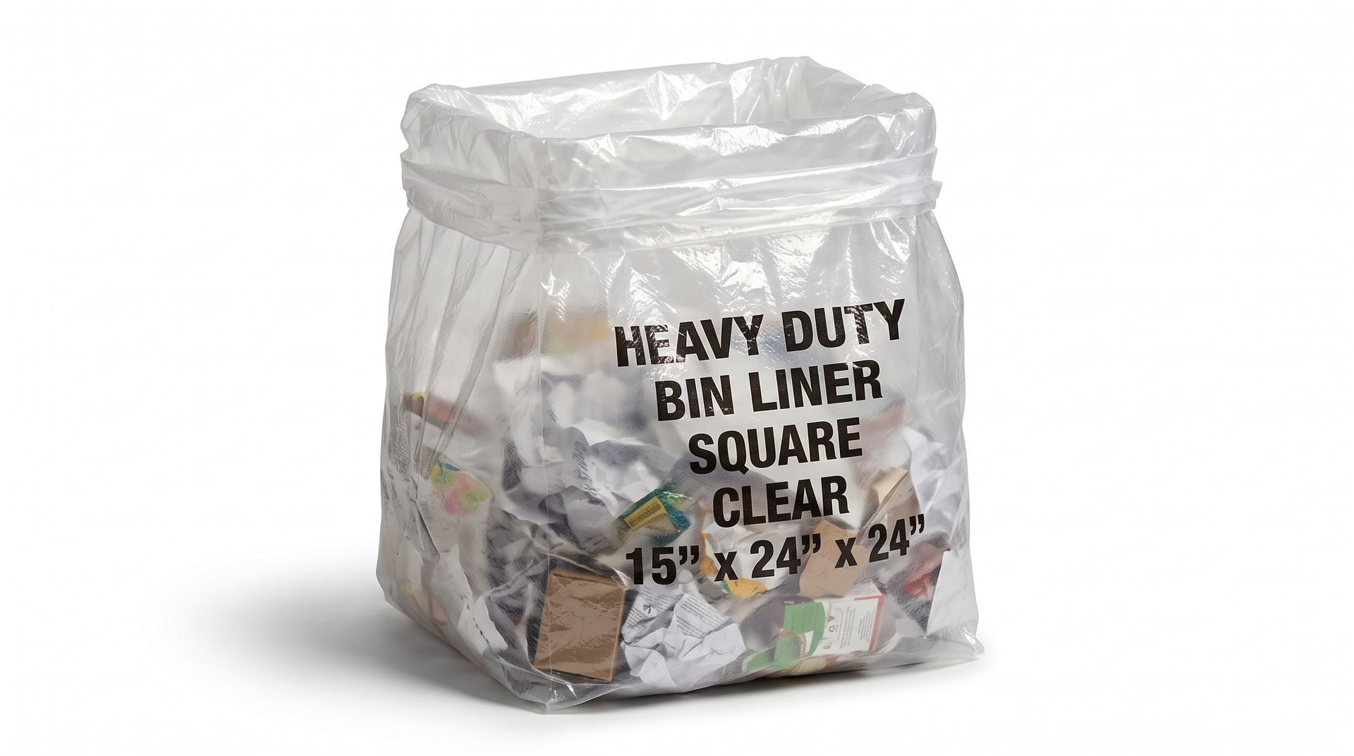 Clear heavy-duty bin liner bag with black text on a white background