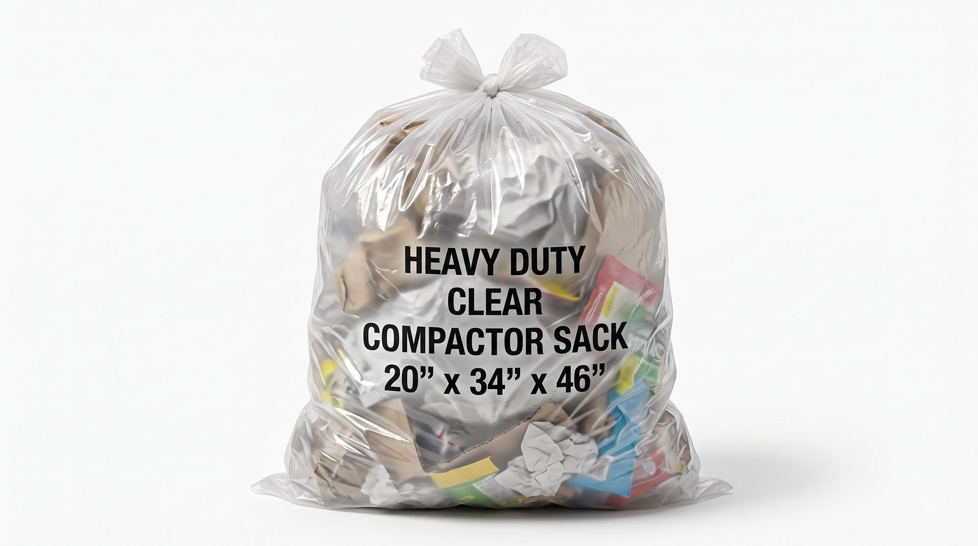 Clear plastic trash bag labeled “Heavy Duty Clear Compactor Sack,” filled with trash.