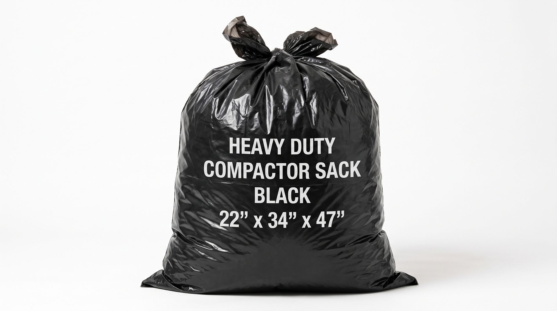 Black heavy-duty compactor sack with white text, tied closed on a white background.