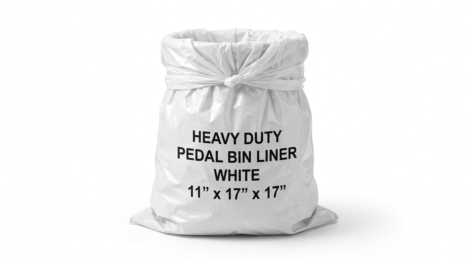 White heavy-duty pedal bin liner bag with printed size text on a white background