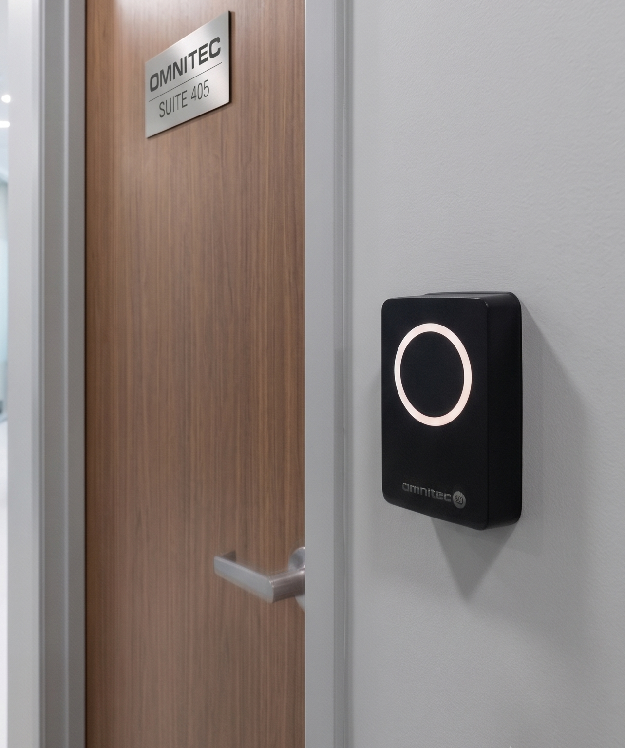 Wooden door with a sign and wall-mounted black access device with a glowing ring light