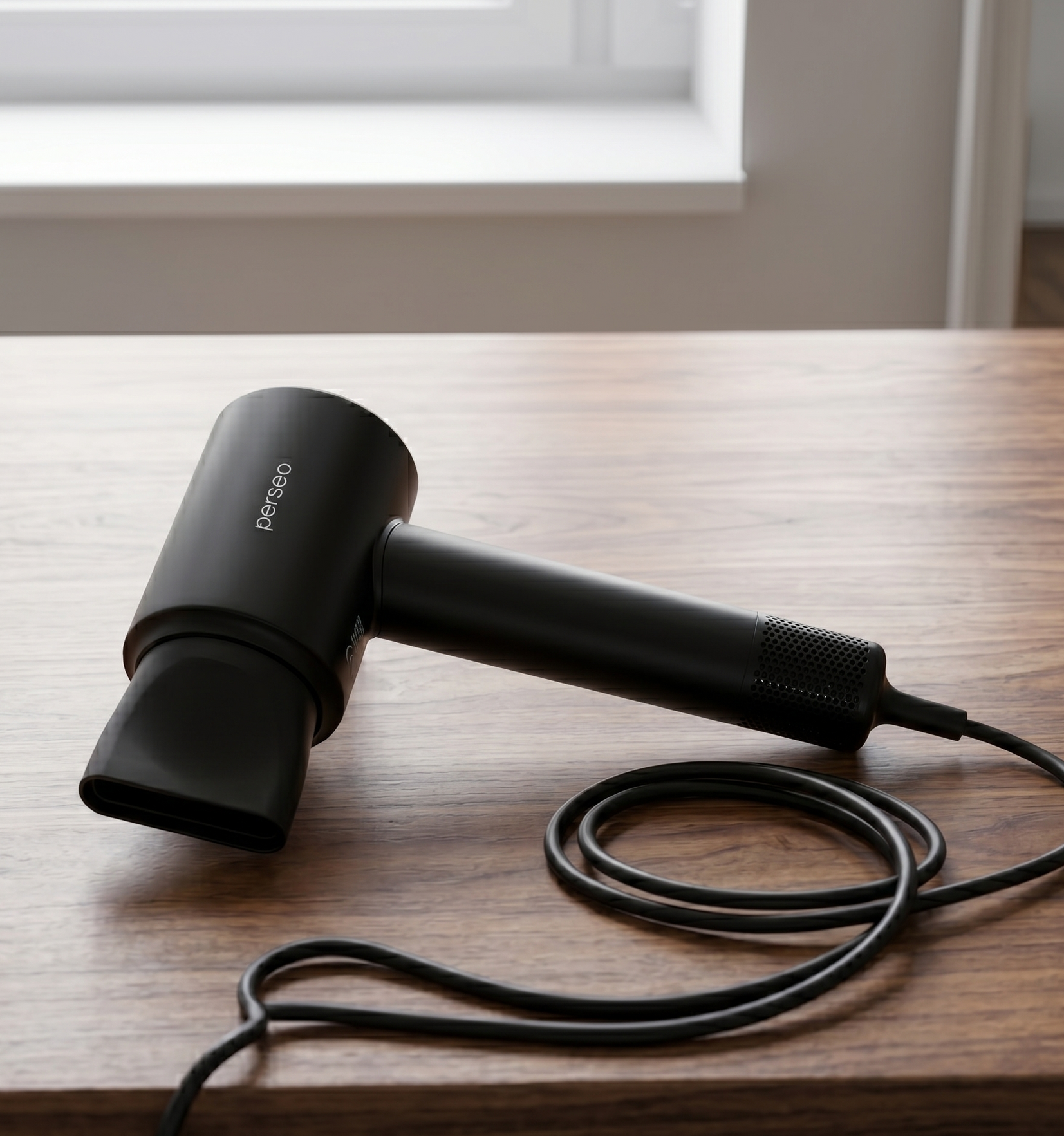 Black hair dryer on a wooden table with its cord coiled beside it