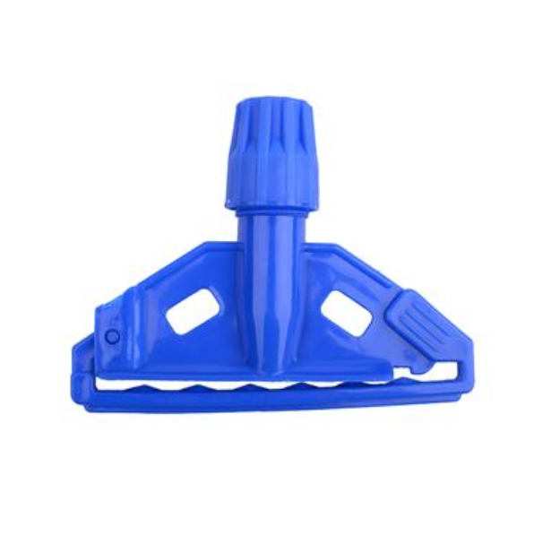 Blue plastic mop holder clip with a ridged handle