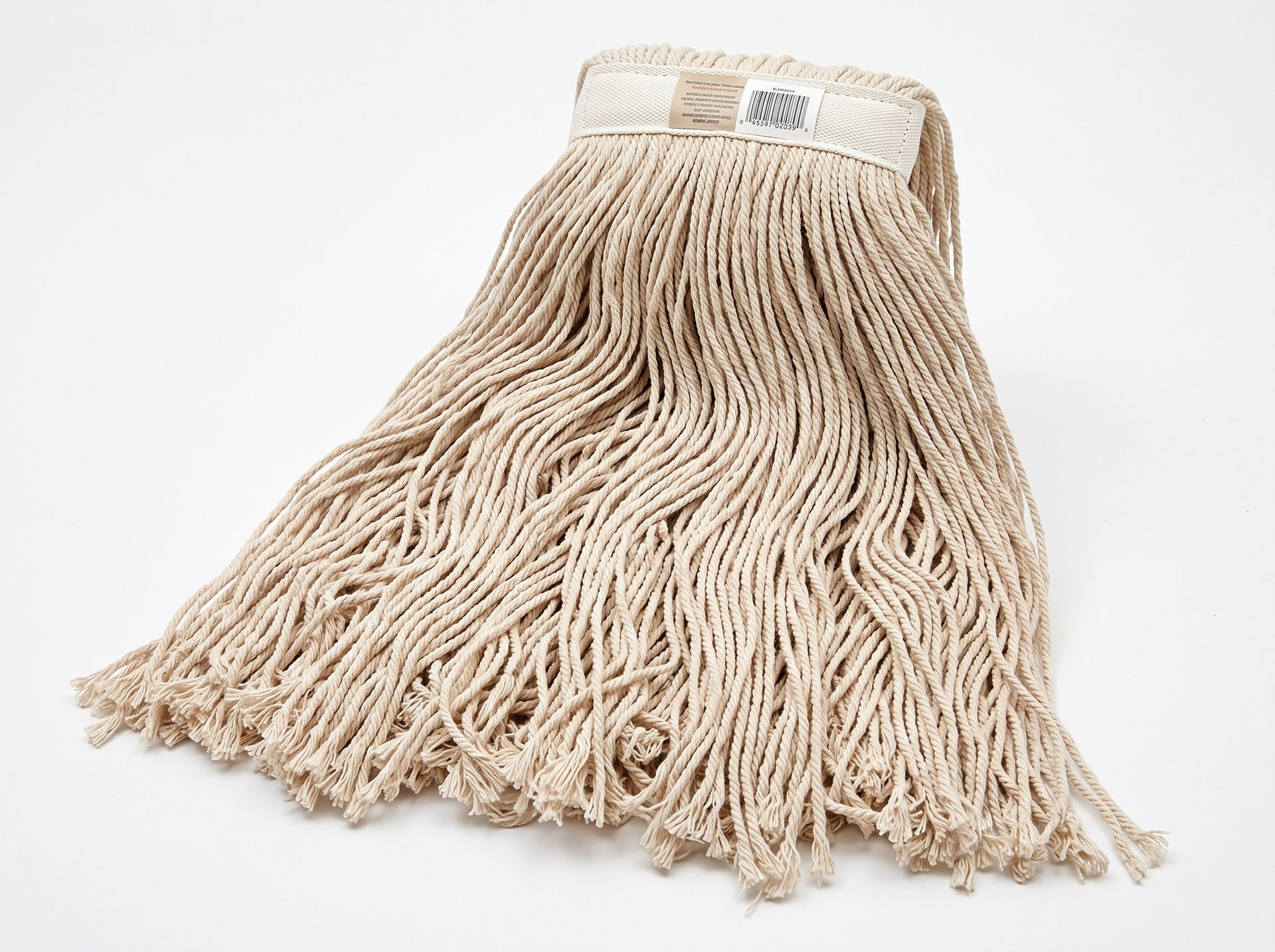 Beige mop head with long cotton strands and a looped top on a white background