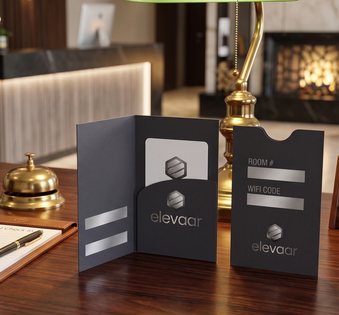 Elegant black branded keycard wallets on a wooden desk beside a gold lamp in a warm hotel setting