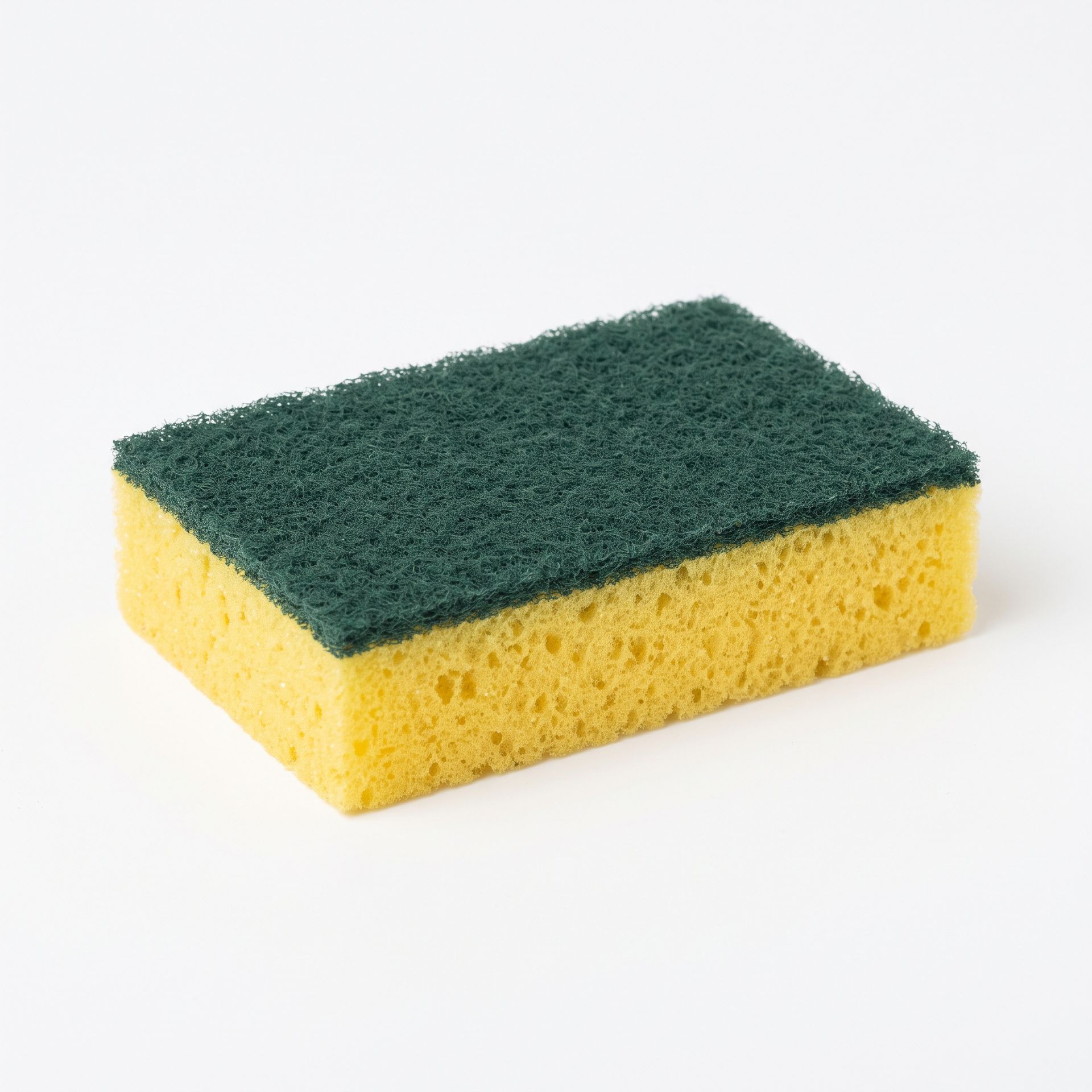 Green and yellow kitchen sponge on a white background