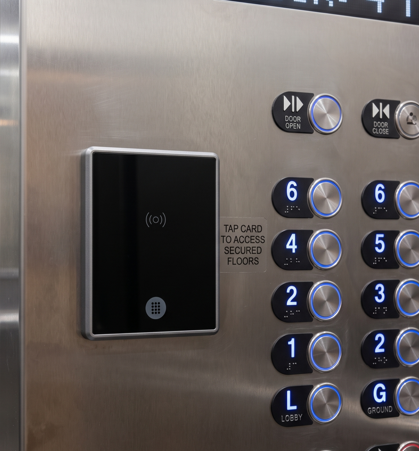 Elevator control panel with floor buttons and a black access reader on brushed metal wall