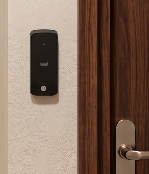Black intercom mounted on a wall beside a wooden door with a silver handle.
