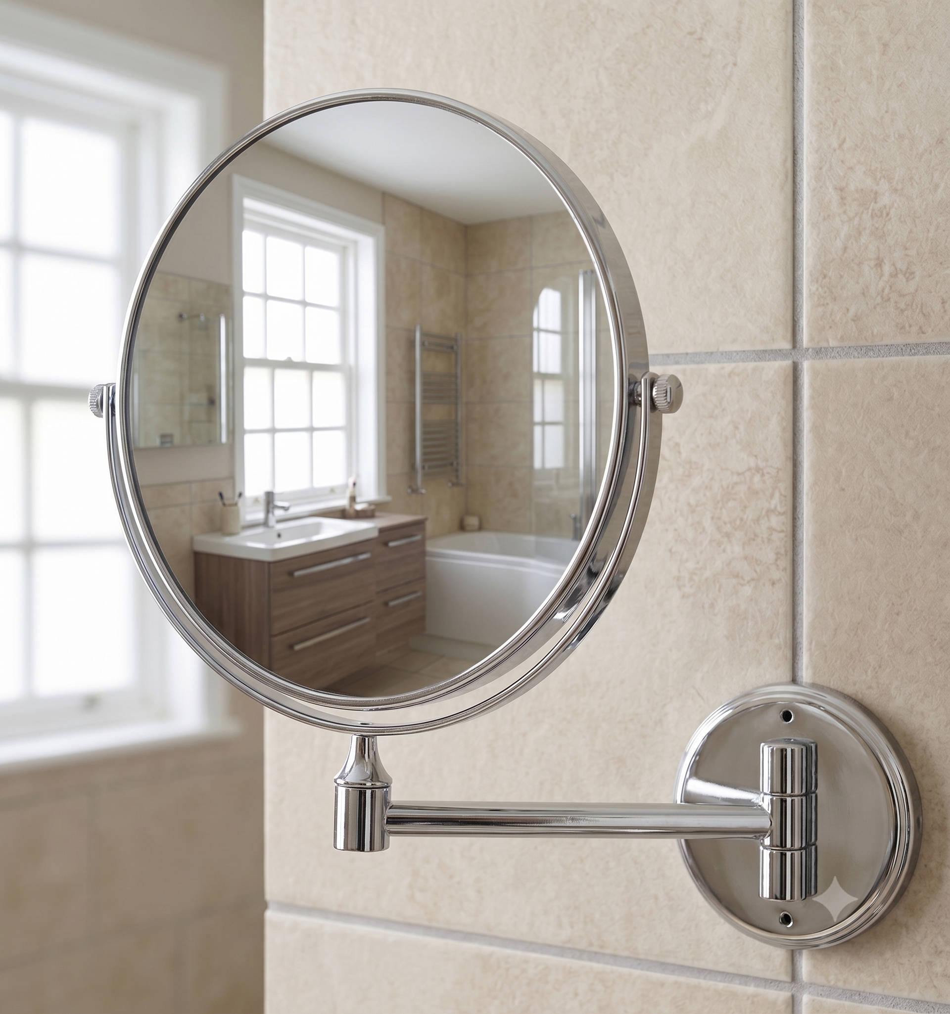 Wall-mounted round bathroom mirror with an extendable arm reflecting a sink and window.