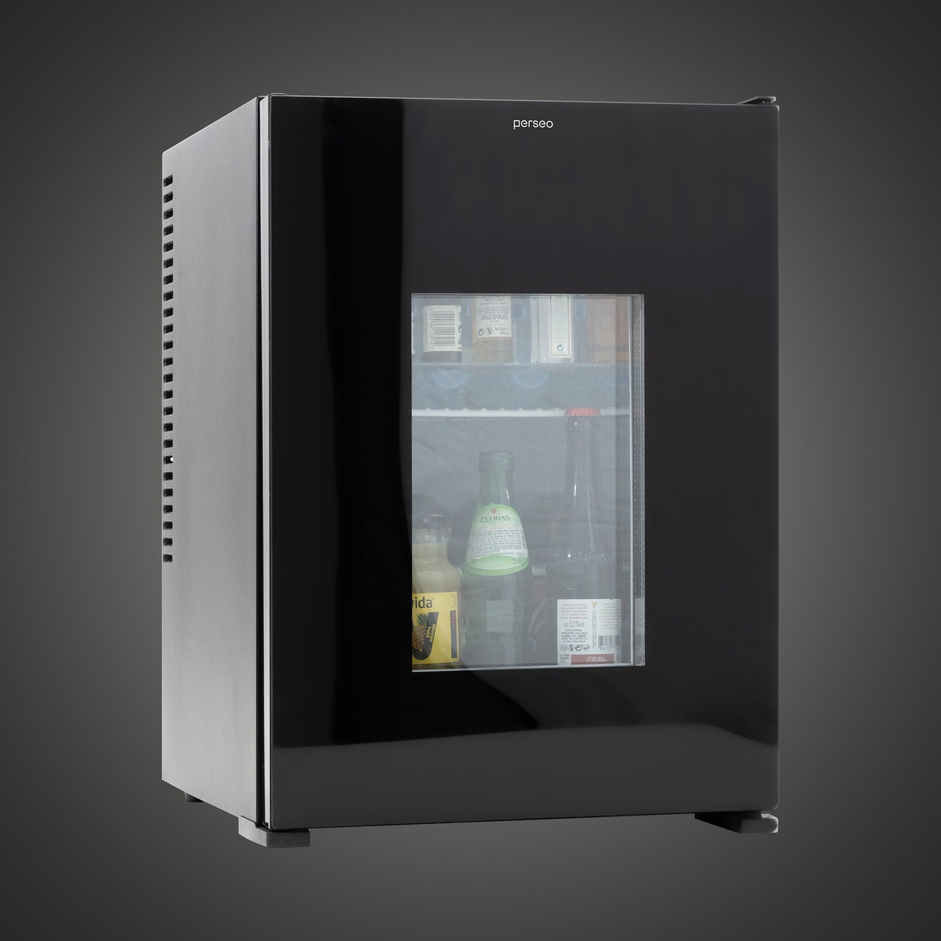Black mini fridge with a glass door, showing bottles and cans inside.
