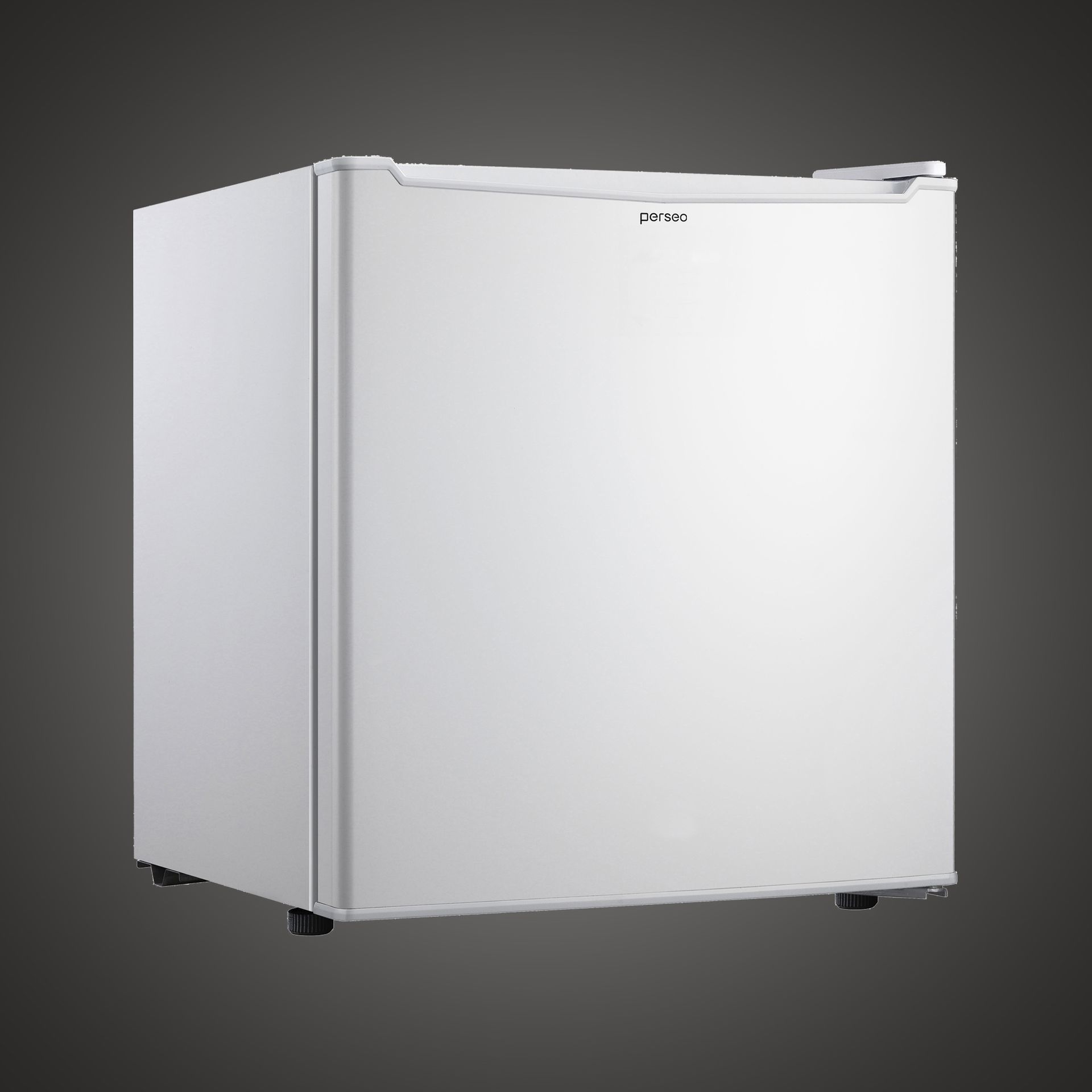 Compact white mini fridge with a top freezer door on a gray background