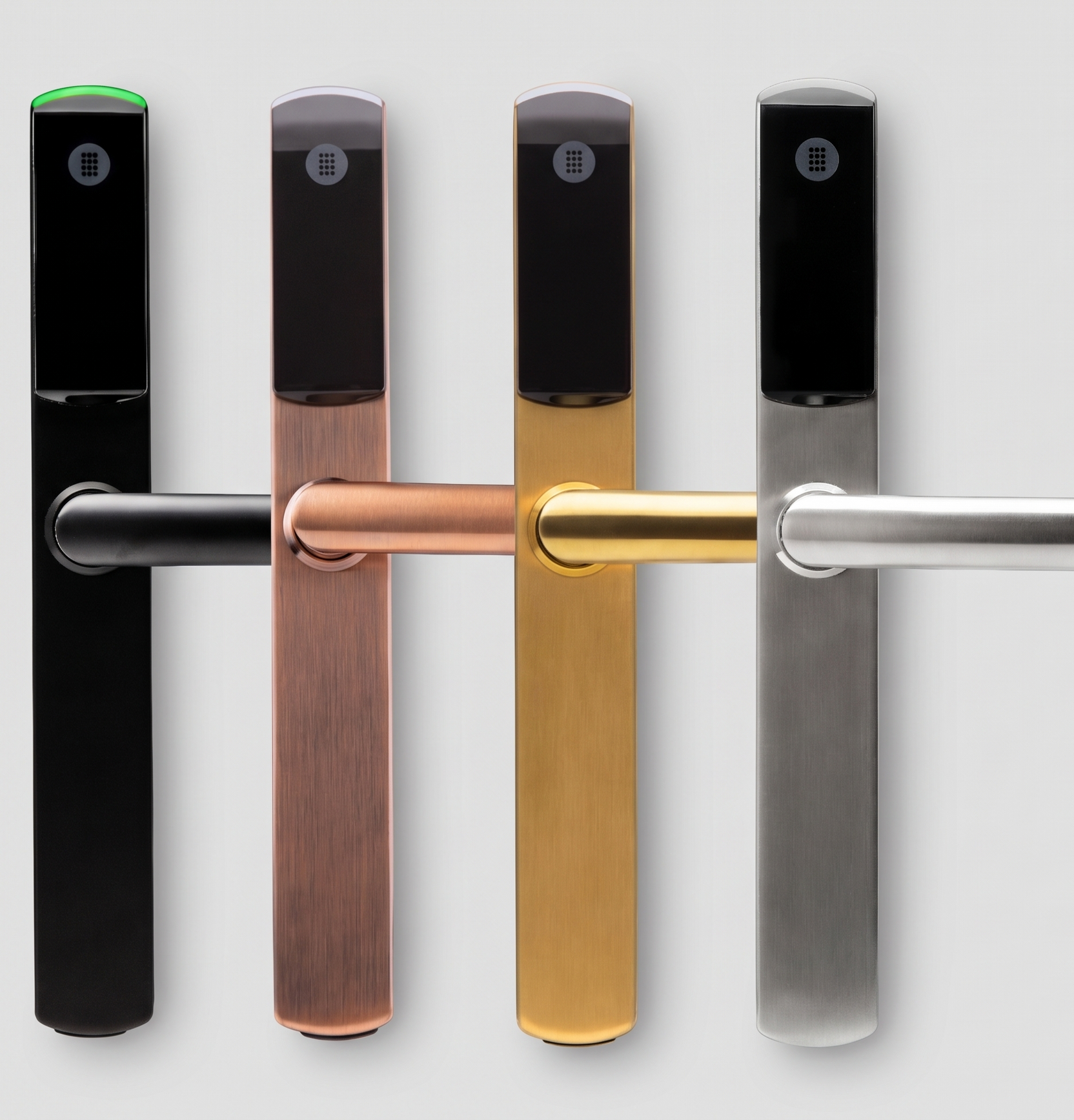 Four modern door levers in black, copper, gold, and silver on a white background