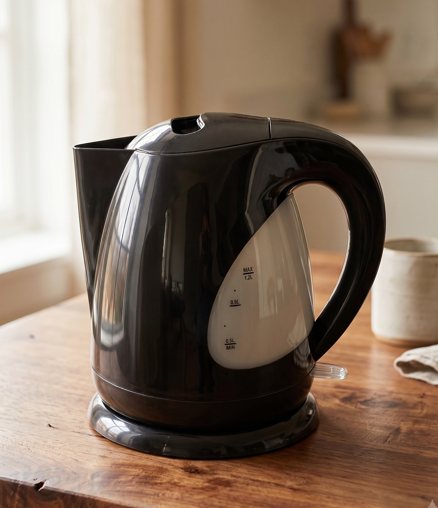 Black electric kettle on a wooden table